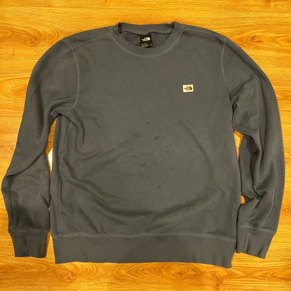 pastel blue northface sweatshirt (brown logo)